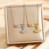 Safety Pin Planet Pendant Necklace – Gold & Silver Crystal Charm