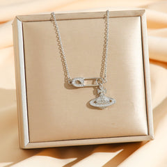 Safety Pin Planet Pendant Necklace – Gold & Silver Crystal Charm