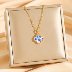 Blue Floral Clover Pendant Necklace