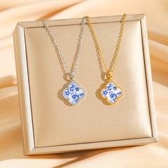 Blue Floral Clover Pendant Necklace