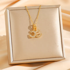 Luxury Alloy Double C Pendant Necklace – Gold & Silver Plated, Rhinestone Accents