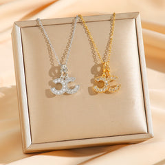 Luxury Alloy Double C Pendant Necklace – Gold & Silver Plated, Rhinestone Accents