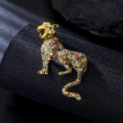 Vintage Alloy Leopard Brooch with Blue and Champagne Crystals