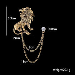 Vintage Alloy Lion Brooch with Double Chain – Men's Suit Lapel Pin