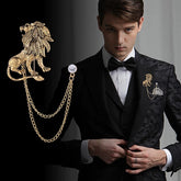 Vintage Alloy Lion Brooch with Double Chain – Men's Suit Lapel Pin