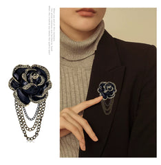 Vintage Alloy Black Rose Brooch with Triple Chain – Elegant Lapel Pin