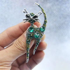 Vintage Alloy Green Crystal Cat Brooch – Elegant Animal Lapel Pin