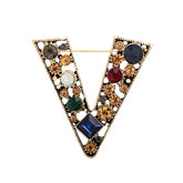 Vintage Alloy Letter "V" Brooch with Colorful Rhinestones