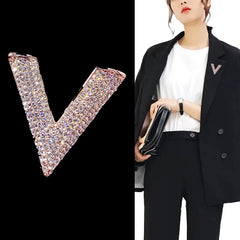 Elegant Alloy Crystal Letter "V" Brooch Pin for Women
