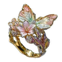 Luxury Alloy Enamel Butterfly and Blossom Ring