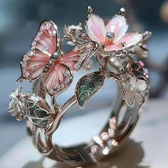 Luxury Alloy Enamel Butterfly and Blossom Ring