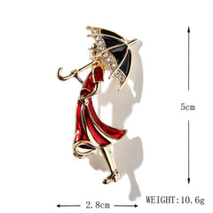 Red Dress Girl with Umbrella Brooch – Elegant Enamel Pin with Crystals