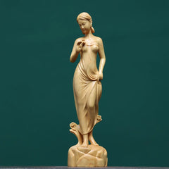 Hand-Carved Boxwood Standing Woman Sculpture – Elegant Classical Art Figurine