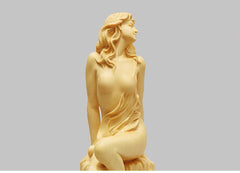 Hand-Carved Boxwood Sitting Woman Sculpture