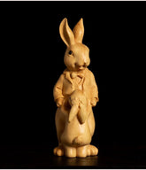 Handcrafted Wooden Rabbit Family Figurine – Parent and Child Bunny Sculpture