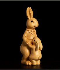 Handcrafted Wooden Rabbit Family Figurine – Parent and Child Bunny Sculpture