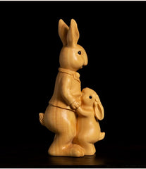 Handcrafted Wooden Rabbit Family Figurine – Parent and Child Bunny Sculpture