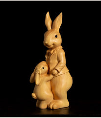 Handcrafted Wooden Rabbit Family Figurine – Parent and Child Bunny Sculpture