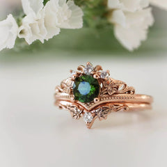 Vintage Green Zircon Leaf Crown Ring Set – Alloy Nature-Inspired Statement Jewelry
