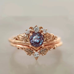 Vintage Leaf Crown Purple Zircon Ring Set