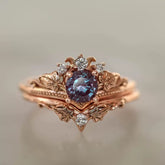 Vintage Leaf Crown Purple Zircon Ring Set