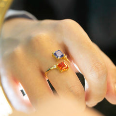 Dual Gemstone Open Ring – Orange & Blue Square  on 