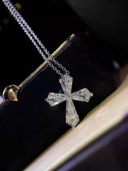 Elegant Cross Pendant Necklace – Premium Baguette Cut Zirconia, Silver Chain