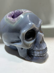 Celestial Amethyst Geode Agate Skull – Hand-Carved Crystal Skull with Polished Blue Agate and Amethyst Druzy Crown