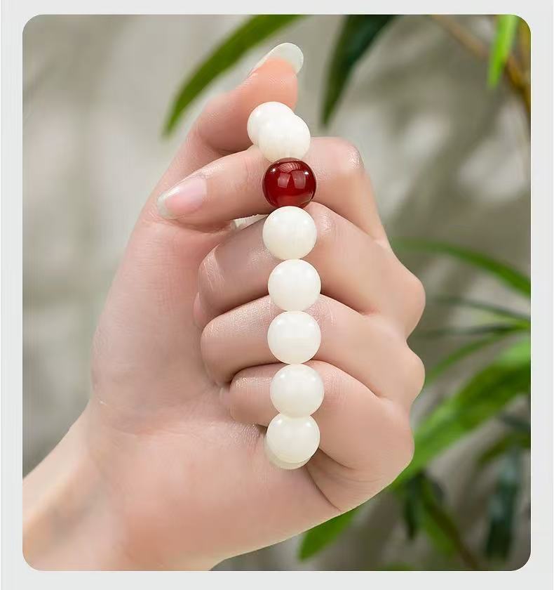 Elegant White Jade Bead Bracelet with Red Agate Accent