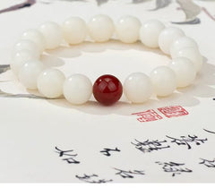 Elegant White Jade Bead Bracelet with Red Agate Accent