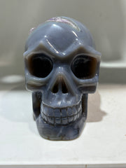 Celestial Amethyst Geode Agate Skull – Hand-Carved Crystal Skull with Polished Blue Agate and Amethyst Druzy Crown