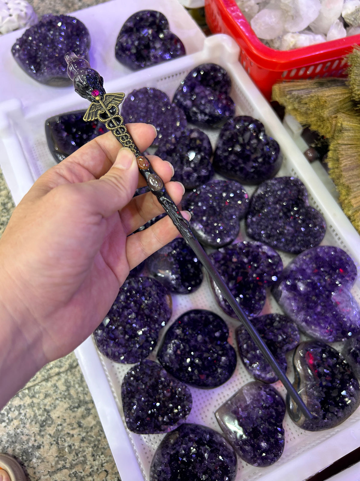 Handcrafted Crystal Witch Wand with Amethyst Point Gothic Bronze Accents Magical Bohemian Style