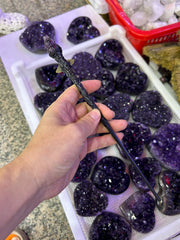 Handcrafted Crystal Witch Wand with Amethyst Point Gothic Bronze Accents Magical Bohemian Style