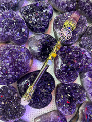Crystal Broom Wand with Amethyst Point & Pentacle Charm | Magical Bohemian Style