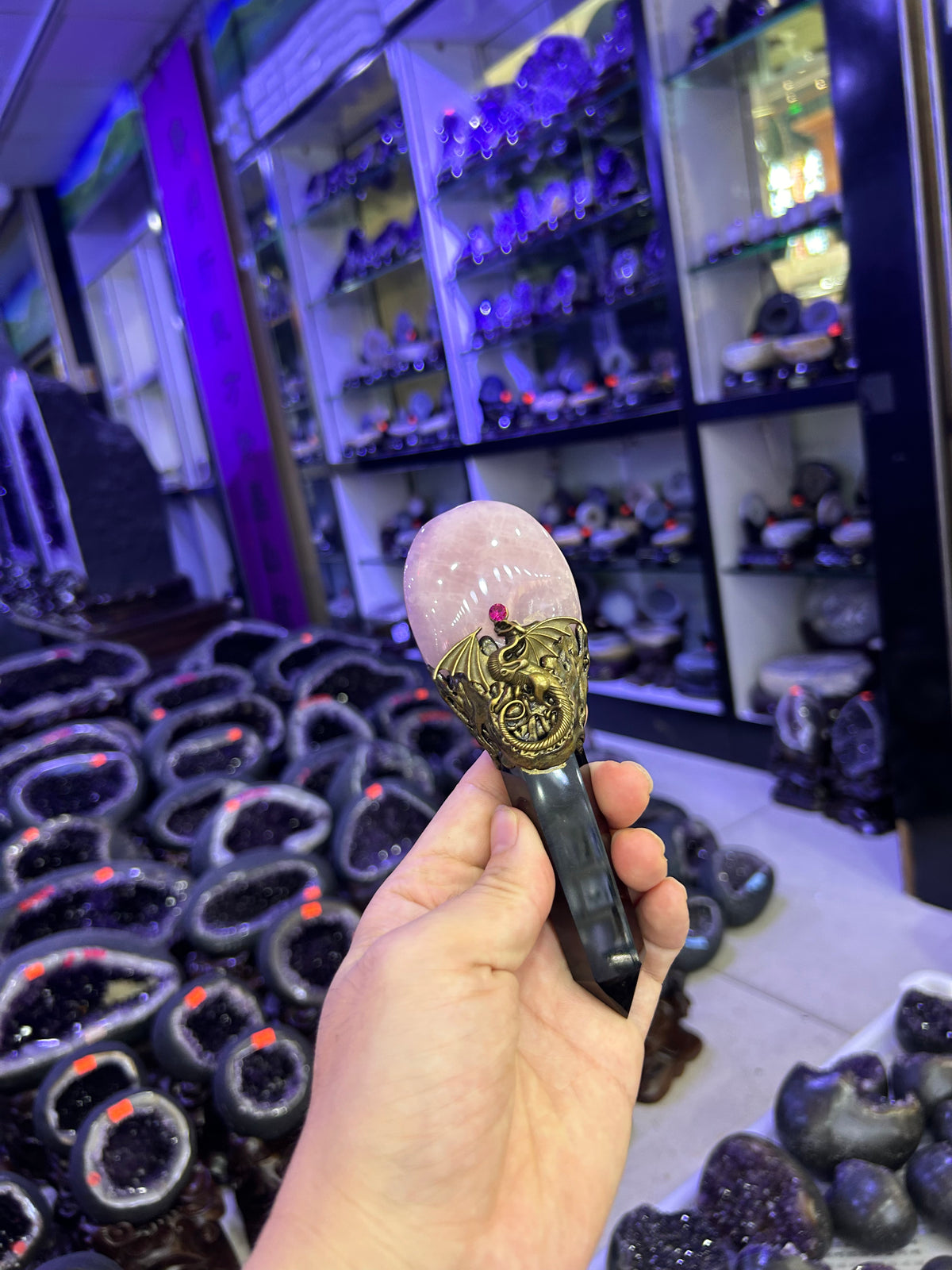 Dragon Guardian Crystal Broom Wand with Rose Quartz & Obsidian | Magical Bohemian Style