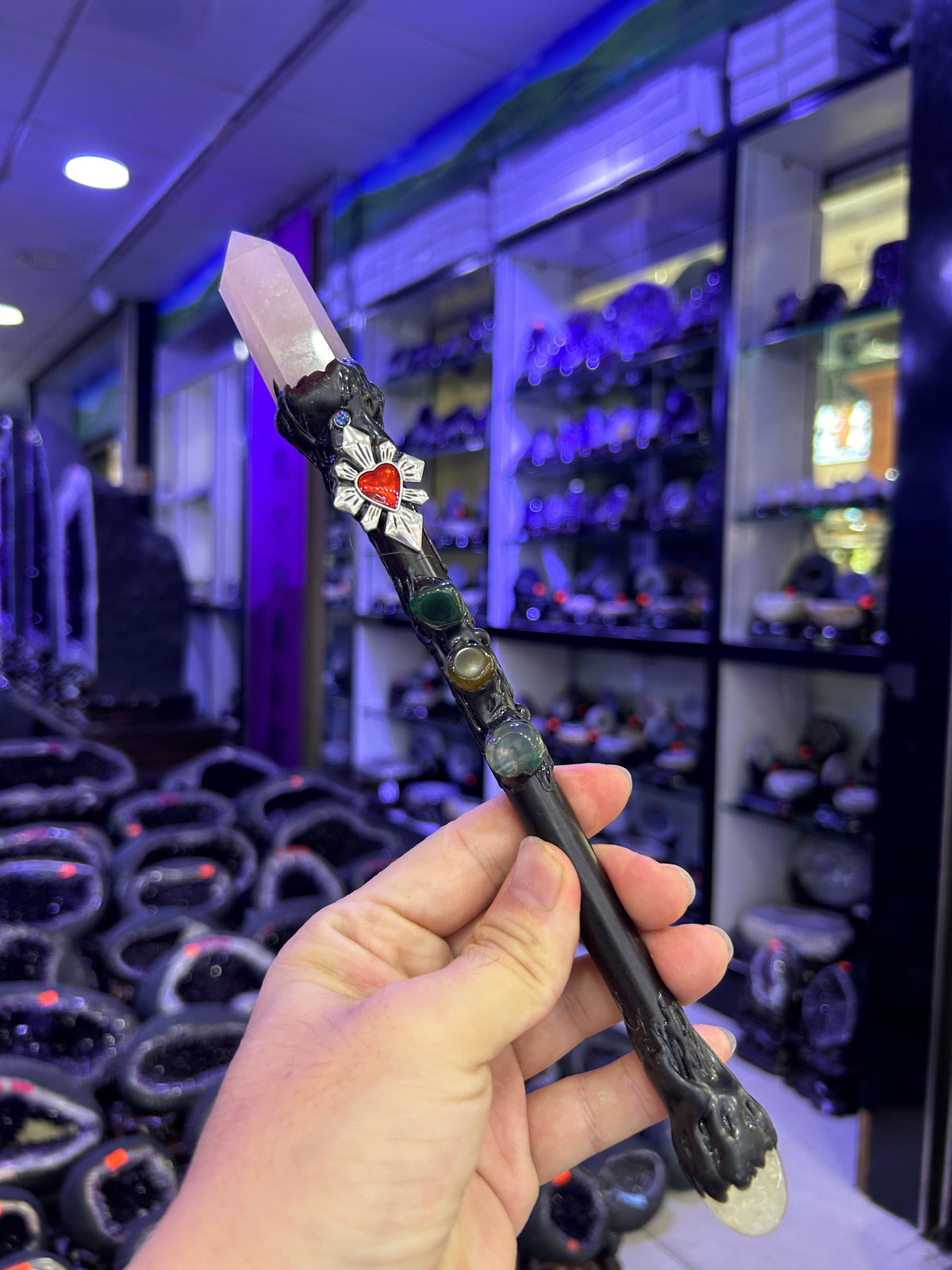 Rose Quartz Crystal Broom Wand with Heart Charm | Chakra Healing Fantasy Decor