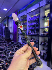 Rose Quartz Crystal Broom Wand with Heart Charm | Chakra Healing Fantasy Decor