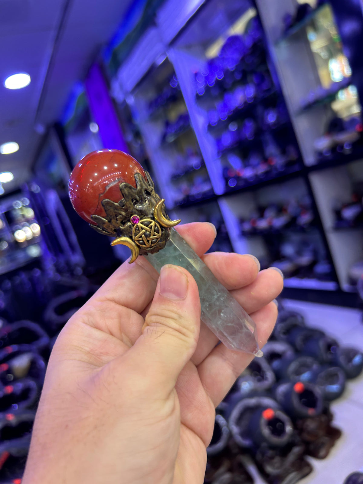 Crystal Witch Broom Wand with Carnelian Sphere & Aquamarine Point | Magical Bohemian Style