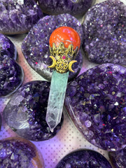 Crystal Witch Broom Wand with Carnelian Sphere & Aquamarine Point | Magical Bohemian Style