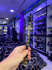 Crystal Broom Wand with Ornate Cross & Gemstones | Magical Bohemian Style