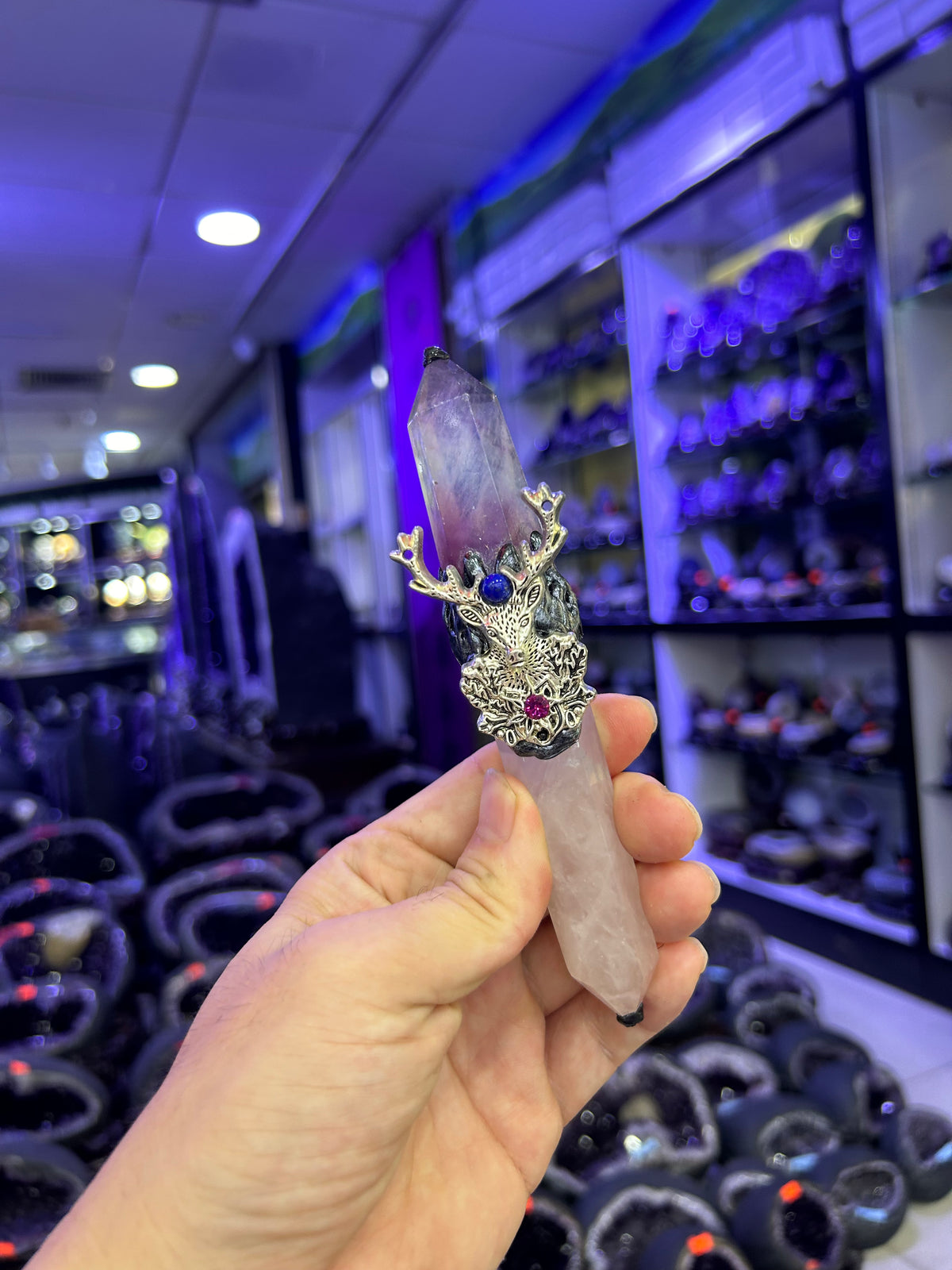 Stag Spirit Crystal Broom Wand with Amethyst & Rose Quartz | Magical Bohemian Style