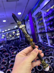 Crystal Witch Broom Wand with Caduceus Charm & Gemstones | Magical Bohemian Style