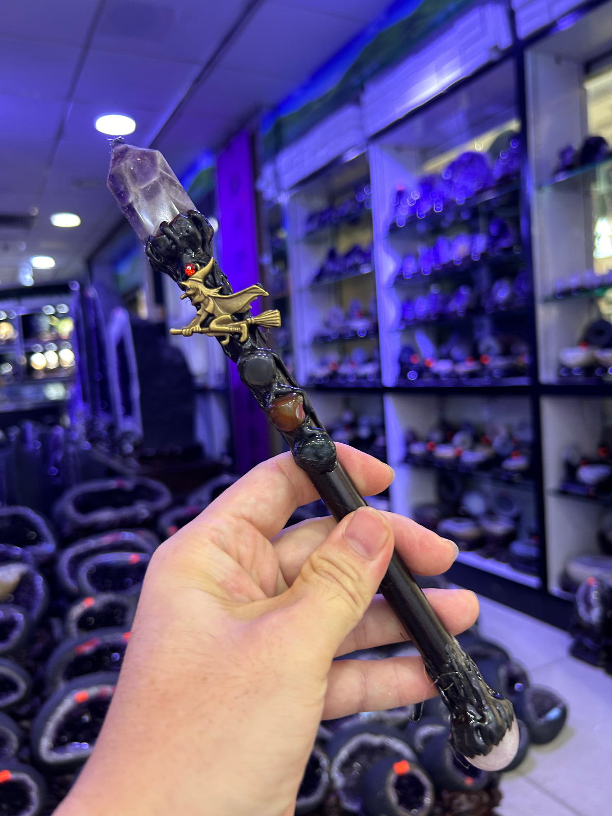 Witch on Broom Crystal Wand with Bronze Accents & Gemstones | Magical Bohemian Style