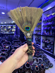 Witch Broom Ornament with Amethyst Crystal & Peacock Feather | Mystical Altar Decor