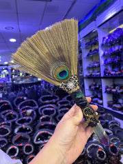Witch Broom Ornament with Amethyst Crystal & Peacock Feather | Mystical Altar Decor