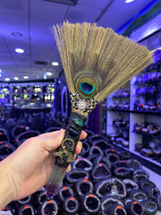 Witch Broom Ornament with Amethyst Crystal & Peacock Feather | Mystical Altar Decor
