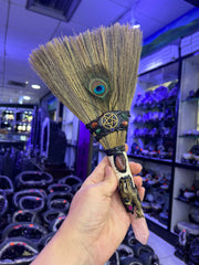 Handmade Witch Broom Ornament with Rose Quartz, Pentacle &amp; Peacock Feather | Magical Bohemian Style