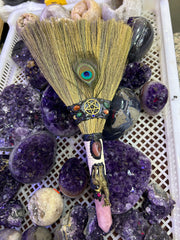 Handmade Witch Broom Ornament with Rose Quartz, Pentacle &amp; Peacock Feather | Magical Bohemian Style