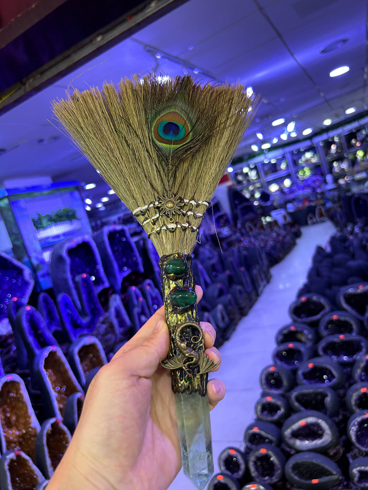 Witch Broom Ornament with Peacock Feather & Crystal Point | Magical Bohemian