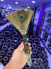 Witch Broom Ornament with Peacock Feather & Crystal Point | Magical Bohemian